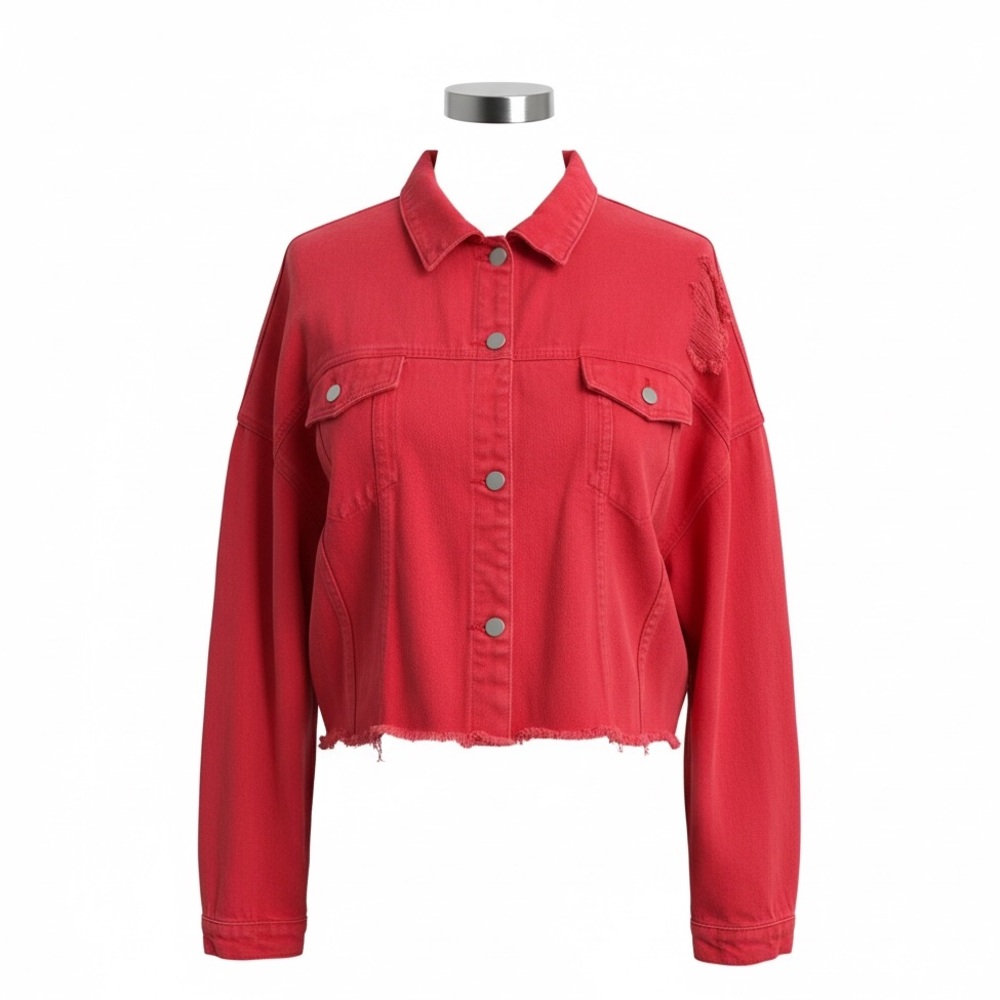 🦄 SHEIN Vibrant Red Cropped Jean Jacket P:32” L:23”